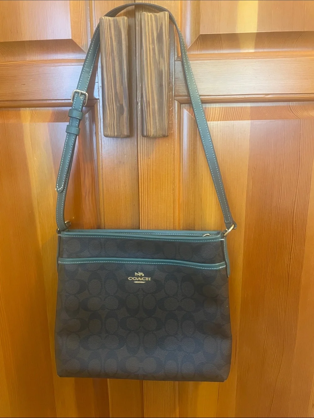 Coach Signature Canvas Crossbody with Teal Trim